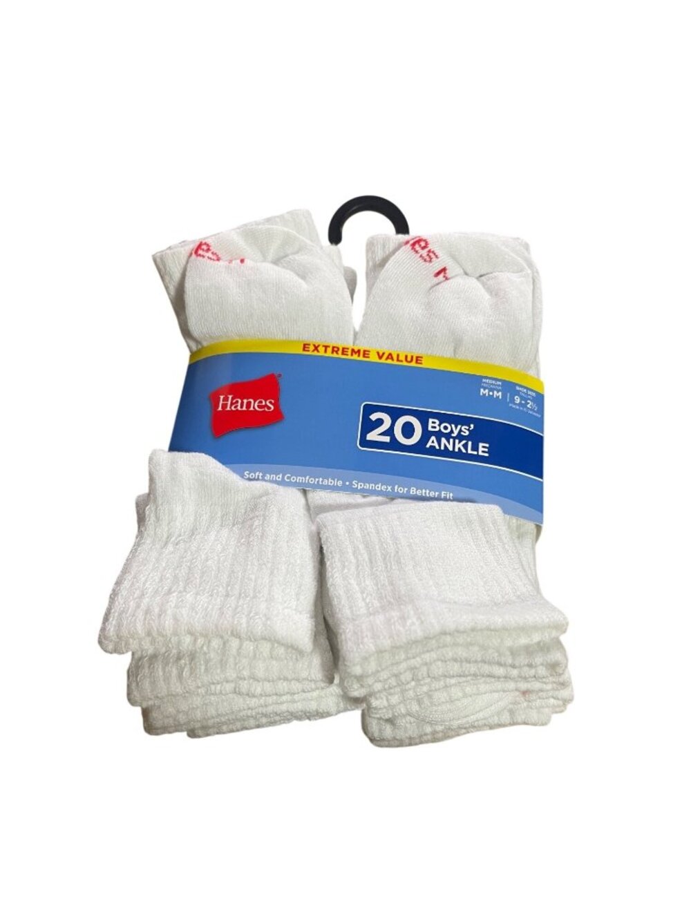 Hanes Boys Ankle Socks 20 Pack Size M Shoe Size 9-2.5 Soft Spandex Blend White